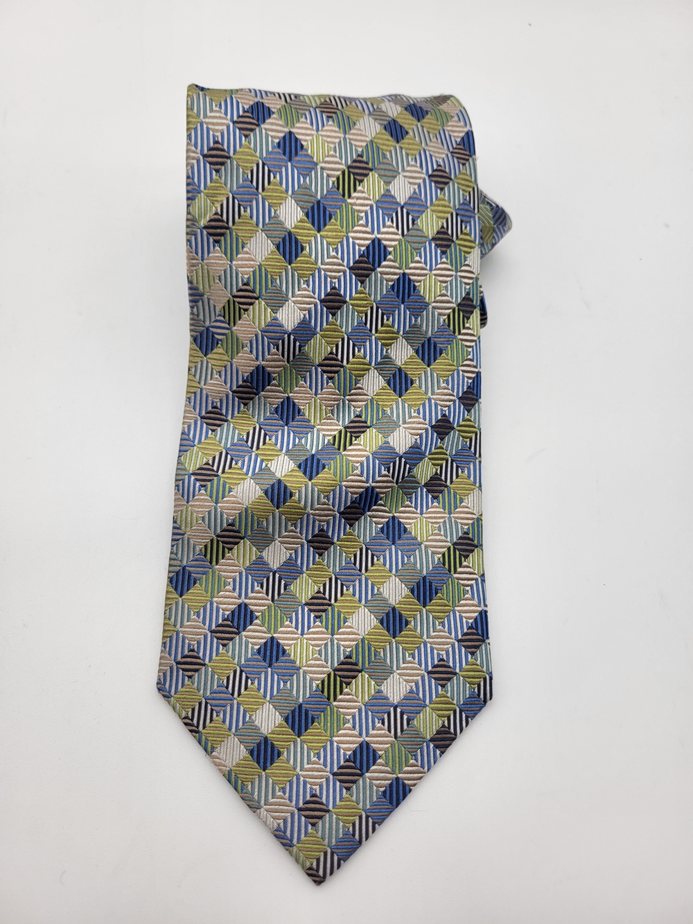 Men's Geometric Silk-Blend Tie in Blue, Green, and Cream